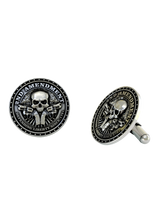 Close-up detail of a single Defending Liberty sterling silver cufflink, focusing on the skull, crossed guns, and 'Since 1791' text.