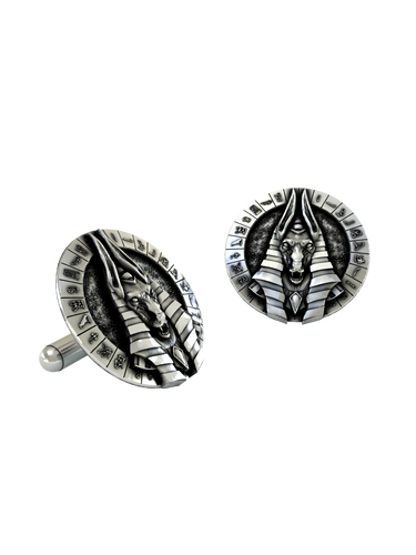 Close-up detail of a single God Anubis sterling silver cufflink, focusing on the fierce jackal expression and the Nemes headdress.