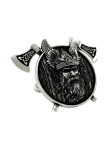 Close-up detail of a single Odin the Allfather sterling silver cufflink, focusing on the Valknut symbol on the winged helmet and the fierce expression.