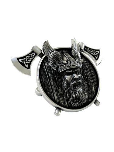 Close-up detail of a single Odin the Allfather sterling silver cufflink, focusing on the Valknut symbol on the winged helmet and the fierce expression.