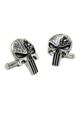 Close-up detail of a single Punisher Skull sterling silver cufflink, focusing on the chopper motorcycle and American flag stars.