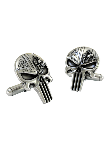 Close-up detail of a single Punisher Skull sterling silver cufflink, focusing on the chopper motorcycle and American flag stars.
