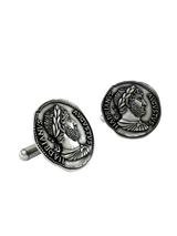 Close-up detail of a single Roman Emperor Hadrian sterling silver cufflink, focusing on the 'Hadrianus Augustus' text and the portrait.