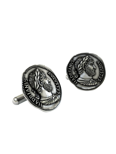 Close-up detail of a single Roman Emperor Hadrian sterling silver cufflink, focusing on the 'Hadrianus Augustus' text and the portrait.