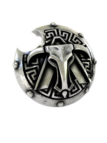 Close-up detail of a single Spartan shield sterling silver cufflink, focusing on the fierce warrior emblem and intricate Greek key pattern.