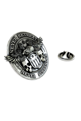 Close-up detail of the American eagle and the powerful motto on the Never Retreat Never Surrender Pin.