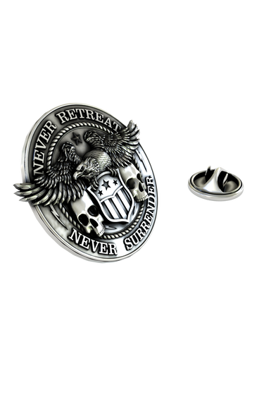 Close-up detail of the American eagle and the powerful motto on the Never Retreat Never Surrender Pin.