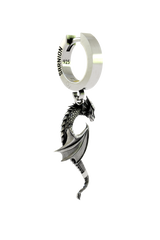 Close-up detail of the Dragon Wing Earring, emphasizing the intricate sculptural work on the dragon's head and wing.