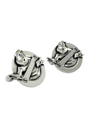 Close-up detail of the Ghostbusters sterling silver cufflinks, emphasizing the polished finish and clean lines.