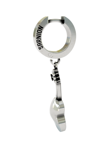 Close-up detail of the Guitar Charm Earring, emphasizing the intricate strings, frets, and tuning pegs on the silver charm.