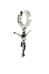 Close-up detail of the Jesus Cross Earring, emphasizing the intricate sculptural work of the figure of Christ.