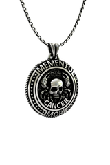 Close-up detail of the "Memento Mori" Latin inscription and the intricate skull on the Cancer Zodiac Pendant.