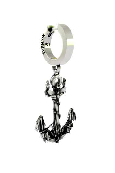 Close-up detail of the Nautical Anchor Earring, emphasizing the intricate rope details and weathered finish of the silver.