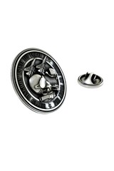 Close-up detail of the "Per Ardua ad Astra" motto and pilot skull on the Royal Air Force Pin.