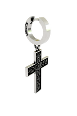 Close-up detail of the Rose Cross Earring, emphasizing the fine, artistic engraving of the roses and leaves.