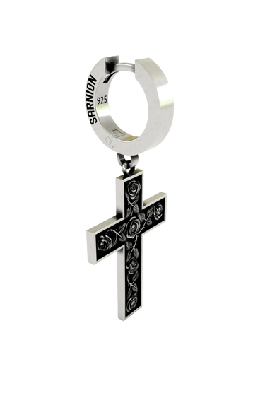 Close-up detail of the Rose Cross Earring, emphasizing the fine, artistic engraving of the roses and leaves.