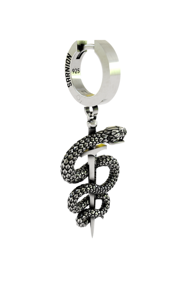 Close-up detail of the Serpent Sword Earring, emphasizing the intricate scale texture of the serpent charm.