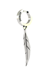 Close-up detail of the Silver Feather Earring, emphasizing the intricate, oxidized lines of the feather against the polished stem.