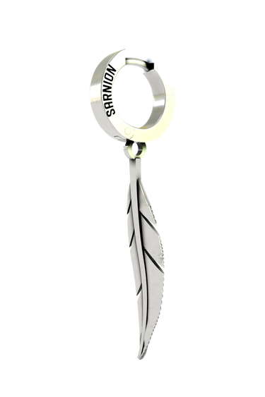 Close-up detail of the Silver Feather Earring, emphasizing the intricate, oxidized lines of the feather against the polished stem.