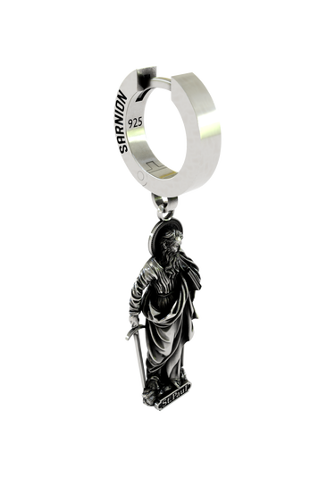 Close-up detail of the "St. Paul" inscription and sword on the Saint Paul Earring, emphasizing the fine craftsmanship