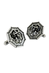 Close-up detail of the Viking-style warrior and engraved Elder Futhark runes on the octagonal Dwarven Warrior sterling silver cufflinks.