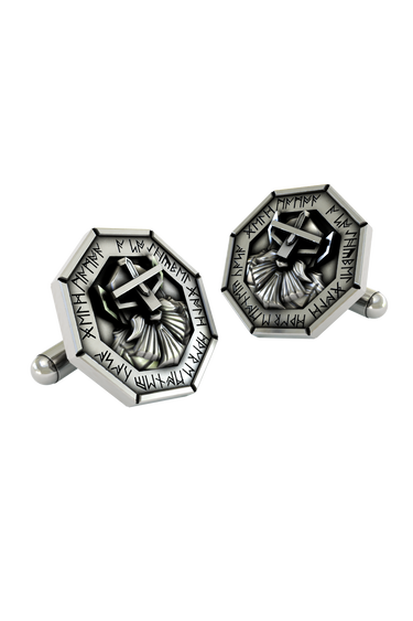 Close-up detail of the Viking-style warrior and engraved Elder Futhark runes on the octagonal Dwarven Warrior sterling silver cufflinks.