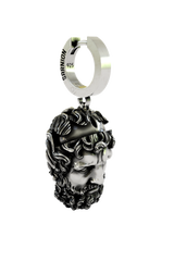 Close-up detail of the Zeus Head Earring, emphasizing the intricate sculptural work and the contrast of polished and oxidized finishes.