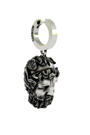 Close-up detail of the Zeus Head Earring, emphasizing the intricate sculptural work and the contrast of polished and oxidized finishes.