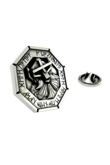 Close-up detail of the ancient runes and pleated beard on the Dwarven Fantasy Pin.