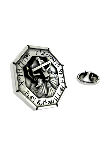 Close-up detail of the ancient runes and pleated beard on the Dwarven Fantasy Pin.