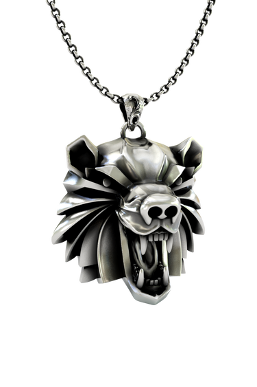 Close-up detail of the bared fangs and powerful snout on the Bear School Pendant, showing the aggressive design