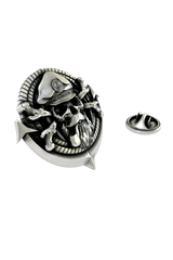 Close-up detail of the bearded pirate skull and the anchor emblem on the captain's hat of the Sea Captain Skull Pin.