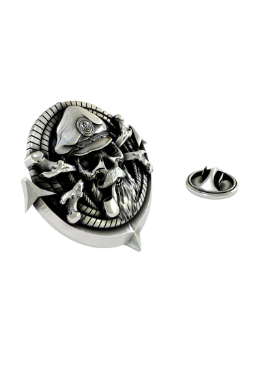 Close-up detail of the bearded pirate skull and the anchor emblem on the captain's hat of the Sea Captain Skull Pin.