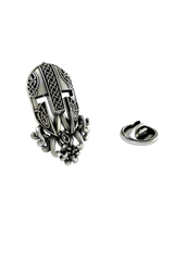 Close-up detail of the beautiful, interwoven Celtic knots on the Silver Warrior Helmet Lapel Pin.

