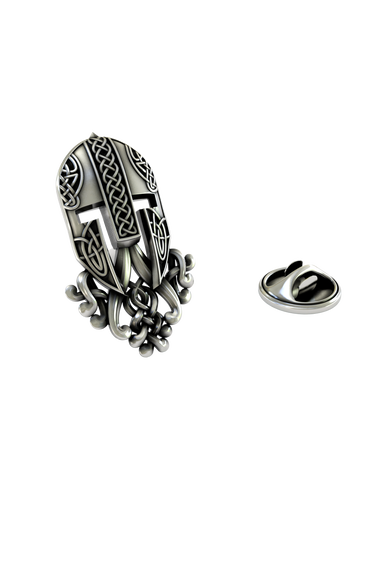 Close-up detail of the beautiful, interwoven Celtic knots on the Silver Warrior Helmet Lapel Pin.

