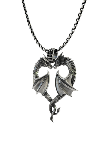 Close-up detail of the dragon heads and the textured, scale-patterned bail on the Dragon Love Pendant.
