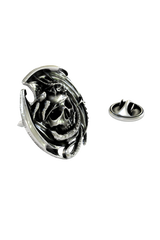 Close-up detail of the dragon's head and the menacing skull on the Skull and Dragon Lapel Pin.
