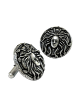Close-up detail of the expressive face and serpents on the Medusa sterling silver cufflinks, showcasing the intricate engraving.