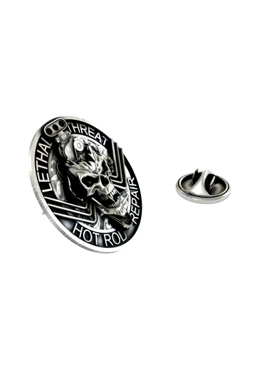 Close-up detail of the fanged skull and V8 engine components on the Lethal Threat Hot Rod Pin.
