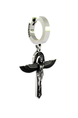 Close-up detail of the feathered wings and scarab on the Isis Goddess Earring, emphasizing the intricate craftsmanship