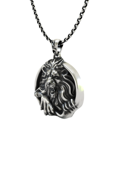 Close-up detail of the ferocious roaring face and wild mane on the Royal Fury lion Pendant.
