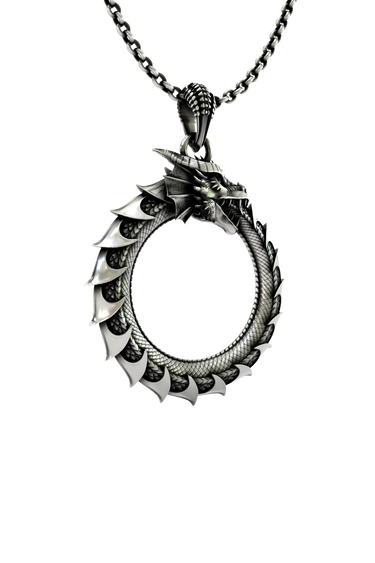 Close-up detail of the fierce dragon head and textured bail on the Dragon Ouroboros Pendant.