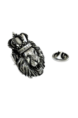 Close-up detail of the fierce expression and ornate crown on the Crowned Lion King Pin.