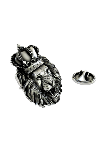 Close-up detail of the fierce expression and ornate crown on the Crowned Lion King Pin.