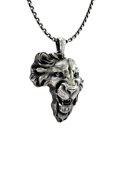 Close-up detail of the fierce expression and polished finish on the African Lion Pendant's face