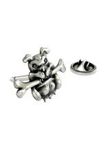 Close-up detail of the fierce expression and the bone clenched in the jaws of the Silver Bulldog Lapel Pin.