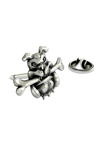 Close-up detail of the fierce expression and the bone clenched in the jaws of the Silver Bulldog Lapel Pin.