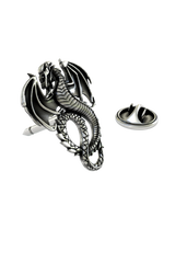 Close-up detail of the fierce head and intricate scales on the Silver Dragon Lapel Pin.
