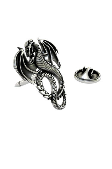 Close-up detail of the fierce head and intricate scales on the Silver Dragon Lapel Pin.