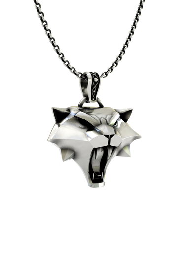 Close-up detail of the fierce, polished face of the Cat School Pendant, showing the aggressive and stylish design